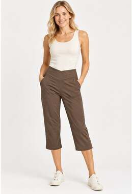 Baleaf Women's Cocoa Brown V-Waist Capri Pants with Pockets, Size S